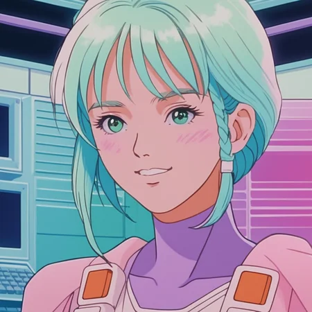 realistic, k4r1n woman standing, kawaii, cute, extreme close-up, happy, front view, background of gradient fluorescent computer room, pastel tones (by wes anderson:1) <lora:k4r1n-000005:0.6>