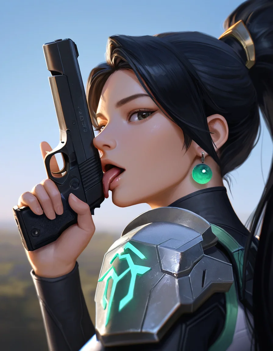masterpiece, ultra-HD, cinematic lighting, photorealistic, impressionism (1.5), high detail, depth of field, (blurred background), (dramatic lighting), masterpiece, best quality, very aesthetic, 8k, close up, closeup, 1girl, sage, valorant, long hair, high ponytail, side bang, jade earrings, shoulder pads, looking at viewer, holding a glock pistol, (pointing the pistol up on the sky:1.5), (licking the edge of the metal pistol:1.5)