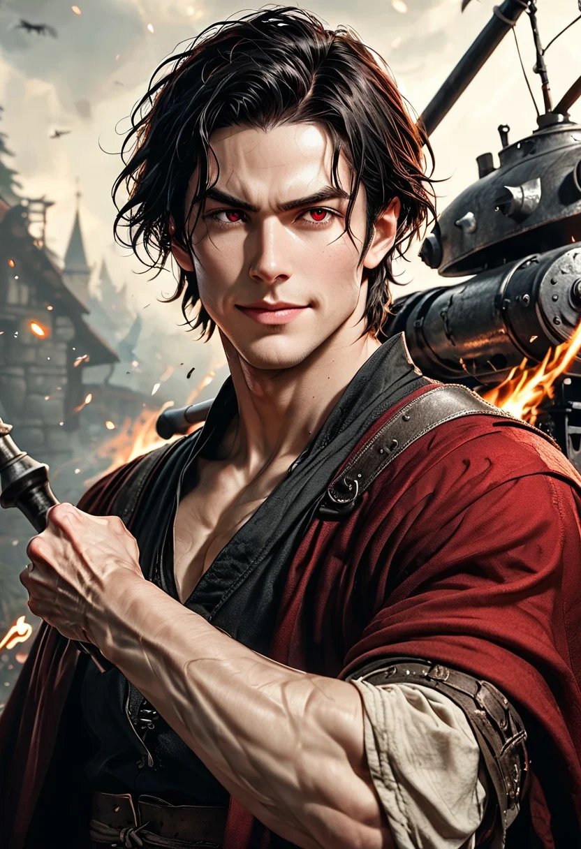 1boy, Darius Dusk, slightly wavy, short hair, jet black with a natural shine, neatly styled but slightly tousled at the ends, medium height, lean and muscular build with defined shoulders and arms, red eyes, sharp angular face with a prominent jawline, pale skin, smooth skin, Southern European, faint stubble on the chin and along the jawline,
subtle veins visible under the pale skin, especially near the eyes and hands,
solo,
flirty expression, secuctive smile, handsome, charming, warrior, simple charm,
detailed background, indoor, medieval smith, smithing, indoor, smithery, swinging hammer, hot iron, dynamic pose,