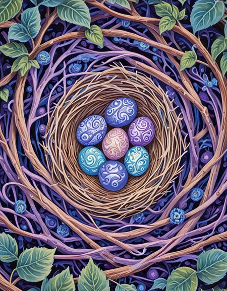 novuschroma66 style swirl patterns overhead view of bird nest with eggs <lora:sdxl_lightning_8step_lora:1> <lora:novuschroma66 style:1>