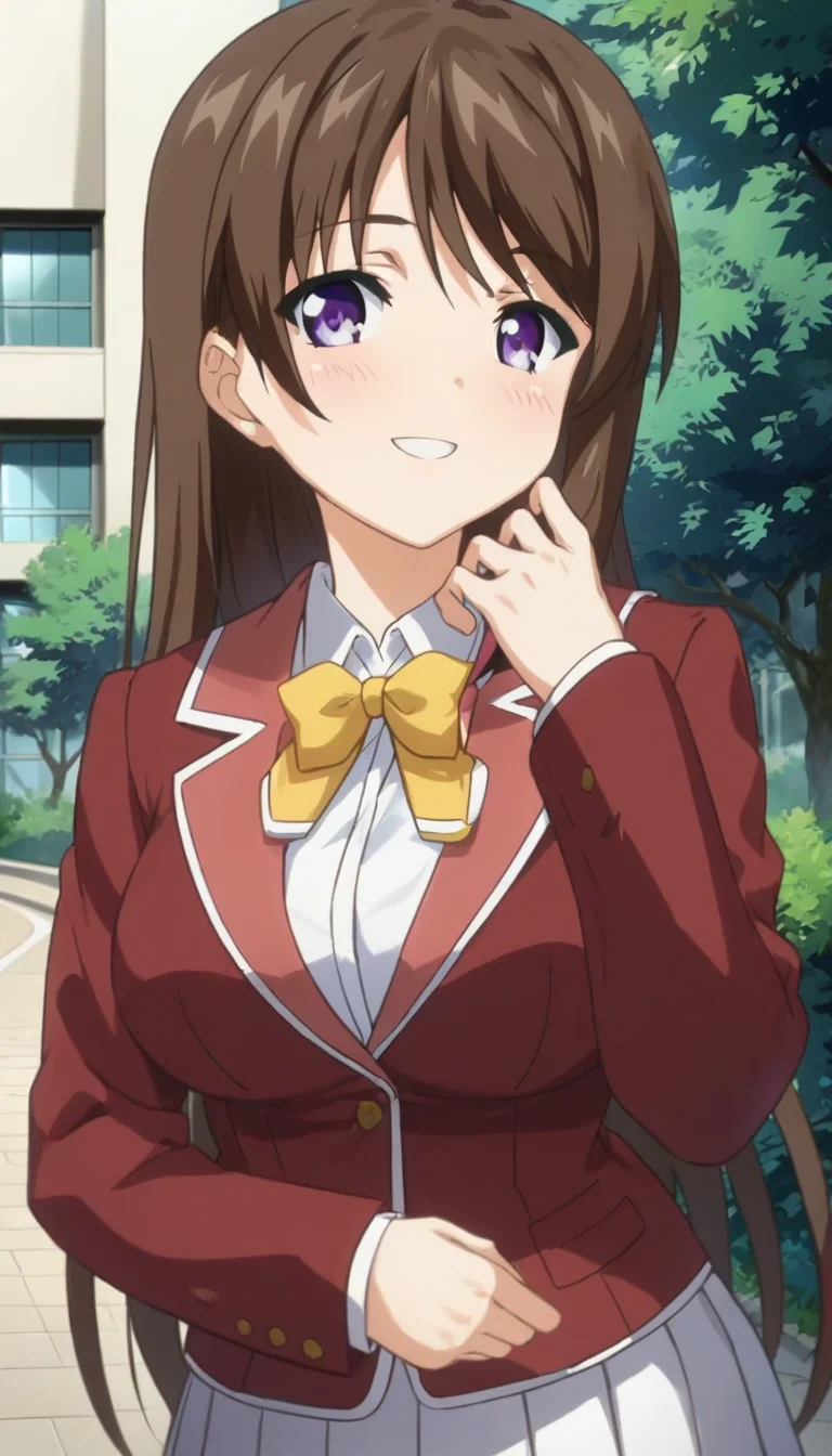 score_9,score_8_up,score_7_up,score_6_up BREAK official art,solo,outdoors,upper body,(portrait:1.5),looking at viewer,facing viewer,smile,blush,(petite:1.5),Akitsuki Marina,long hair,brown hair,bangs,purple eyes,school uniform,red jacket,blazer,yellow bowtie,collared shirt,white shirt,long sleeves,large breasts,miniskirt,pleated skirt,white skirt,white socks,loafers,<lora:Akitsuki Marina(oc)-Pony:1.5>,