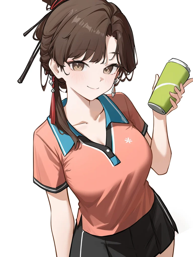 1girl,collarbone,jiu niangzi,looking at viewer,smile,solo,simple background,white background,,holding drink,cowboy shot,black skirt,(black wearing:1.1),(tennis_uniform:1.2),<lora:jiuniangzi-000012:0.6>, masterpiece, best quality, very aesthetic, absurdres