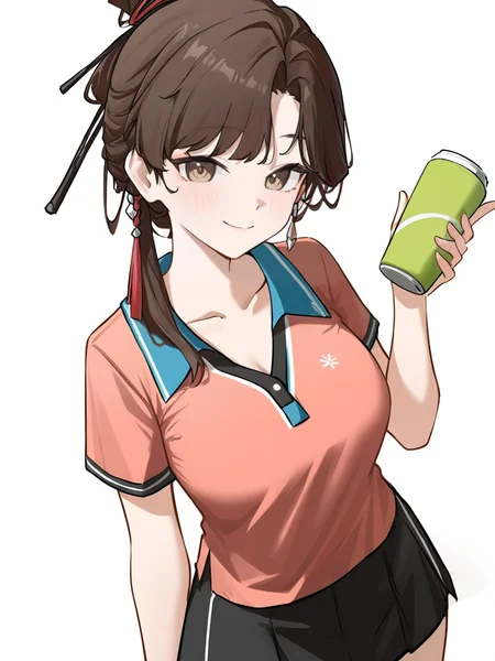 1girl,collarbone,jiu niangzi,looking at viewer,smile,solo,simple background,white background,,holding drink,cowboy shot,black skirt,(black wearing:1.1),(tennis_uniform:1.2),<lora:jiuniangzi-000012:0.6>, masterpiece, best quality, very aesthetic, absurdres