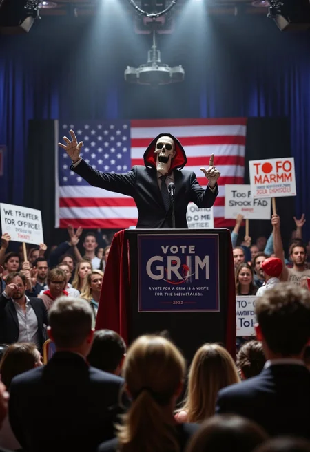 A semi-realistic Grim Reaper running for office, standing at a podium with a 'Vote Grim 2025' banner behind him. He’s wearing a crisp suit over his skeletal frame, along with is hood, holding up a bony finger as he passionately addresses a cheering crowd. His campaign slogan: 'A Vote for Grim is a Vote for the Inevitable!' is displayed on the podium. Reporters look nervous, while some audience members hold hilarious protest signs like 'Too Spooky for Office' and 'We Prefer Term Limits!'. Dramatic political lighting, serious yet absurd atmosphere
