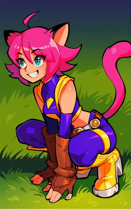 score_9, score_8_up, score_7_up,((best quality)), absurdres, ((full body)), <lora:BolivanteStyle:0.8>, <lora:KitBallardPXL:0.8>,KitBallardPXL,pink hair, tail, blue eyes, belt, midriff, gloves, fingerless gloves, cat tail, cat ears, ahoge, clothing cutout, thigh boots,  elbow gloves, yellow boots, purple pants,detached sleeves,brown gloves, squatting,outside, grass field,smile,teeth,