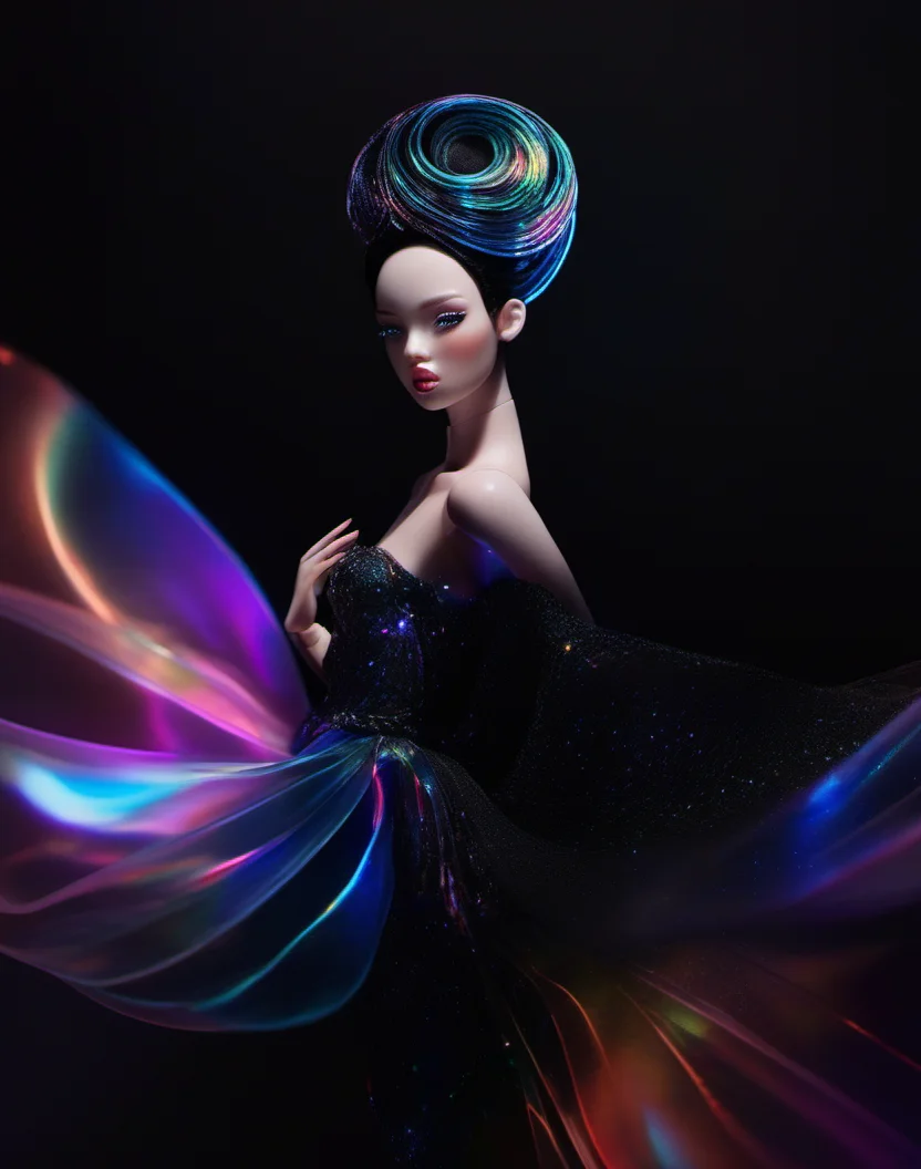hologram of fashion doll <lora:popovy_SDXL-fashion-doll-000006:1> (full length photo:1.1) floating in space, a vibrant digital illustration, dribbble, quantum wavetracing, black background, behance hd
