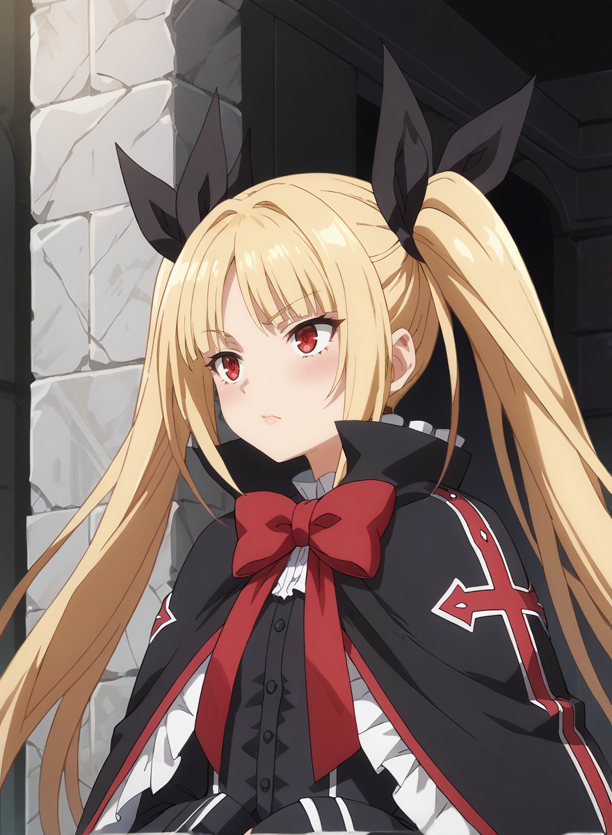 score_9, score_8_up, score_7_up, score_6_up, score_5_up, score_4_up, source_anime, anime screencap, masterpiece, insanely detailed, detailed background, zPDXL3, BREAK, RachelAlucardBB,1girl,solo,long hair,blonde hair,red eyes,red bow,ribbon,twintails,black hair ribbon,small breasts,frills,red bow,ghotic fashion,black capelet ,red cross pattern,black dress
