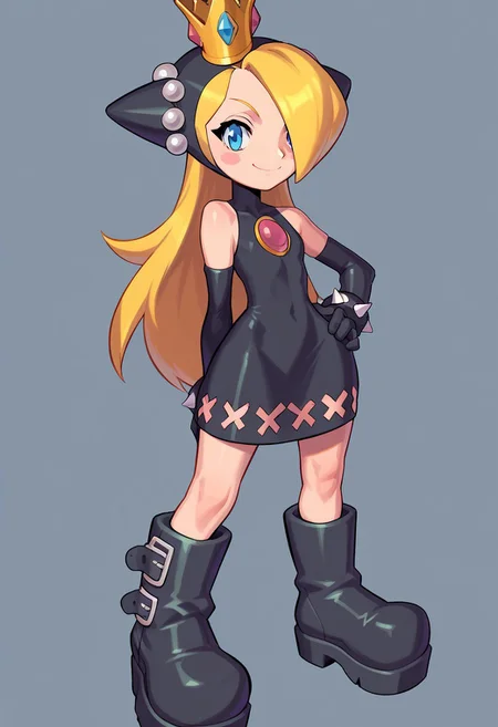 score_9, score_8_up, score_7, source_anime, 2D, aesthetic, expressive, cel shading, black illustration line, BREAK, 1girl, walpeach, blonde hair, hair over one eye, long hair, blue eyes, blush stickers, crown, black dress, elbow gloves, black gloves, boots, black footwear, spiked bracelet, black headgear, plataform footwear, cheeky smile, pokeys, wide hips, glistening skin, one hand on hip,