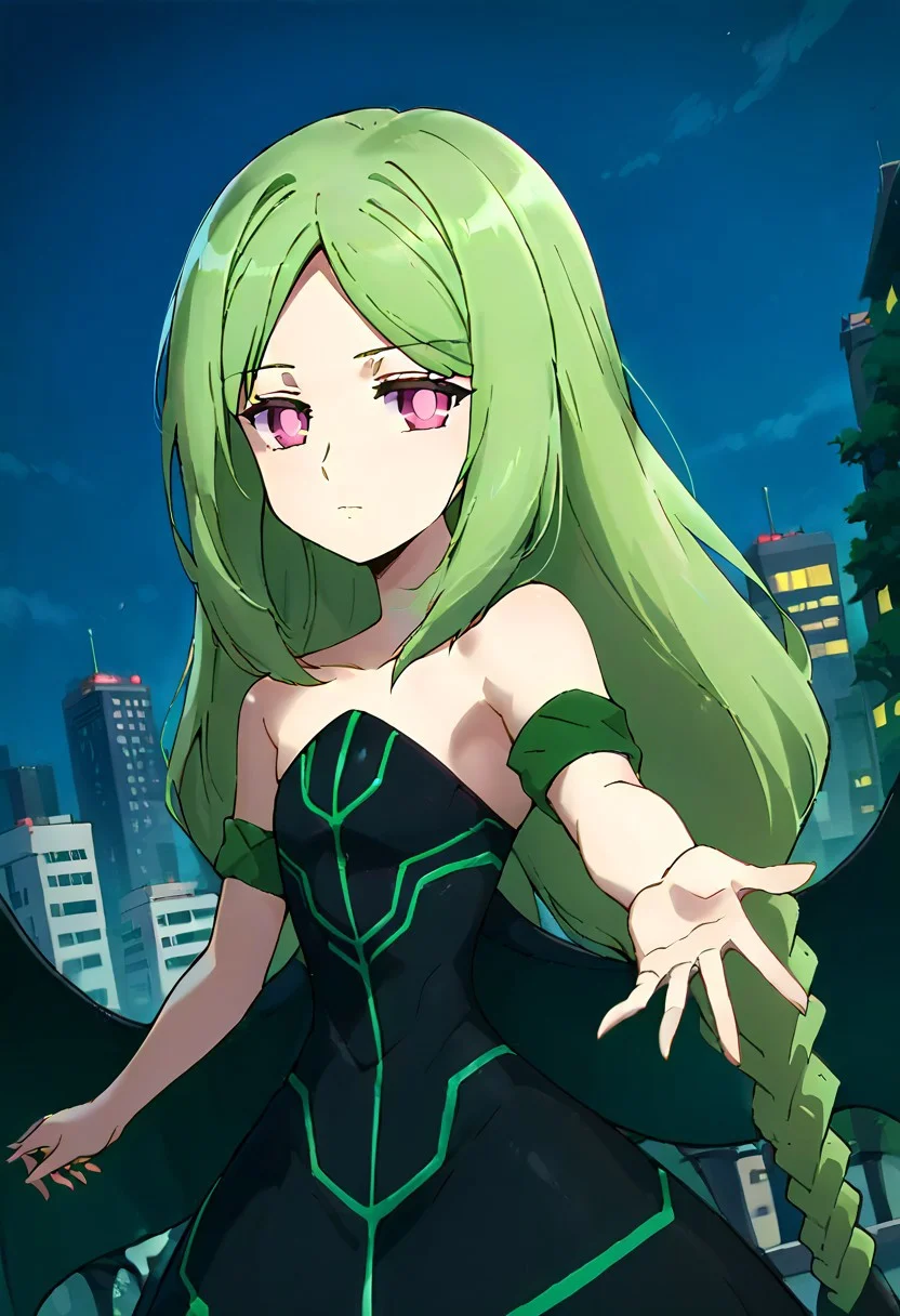 score_9, score_8_up, score_7_up, source_anime, 1girl, solo, momose kajitsu,Green hair, long hair, parted bangs, twin braids, pink eyes, small breasts, bare shoulders,Green striped black dress, long skirt,strapless, strapless dress,green armband, wings, expressionless, looking at viewer, outdoor, city skyline, rooftop view, night time, city lights, quiet reflection, (hand reaching out), cowboy shot, dutch angle,