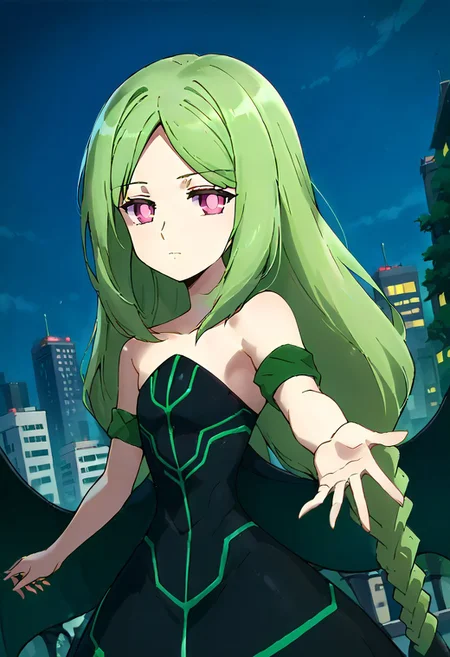 score_9, score_8_up, score_7_up, source_anime, 1girl, solo, momose kajitsu,Green hair, long hair, parted bangs, twin braids, pink eyes, small breasts, bare shoulders,Green striped black dress, long skirt,strapless, strapless dress,green armband, wings, expressionless, looking at viewer, outdoor, city skyline, rooftop view, night time, city lights, quiet reflection, (hand reaching out), cowboy shot, dutch angle,