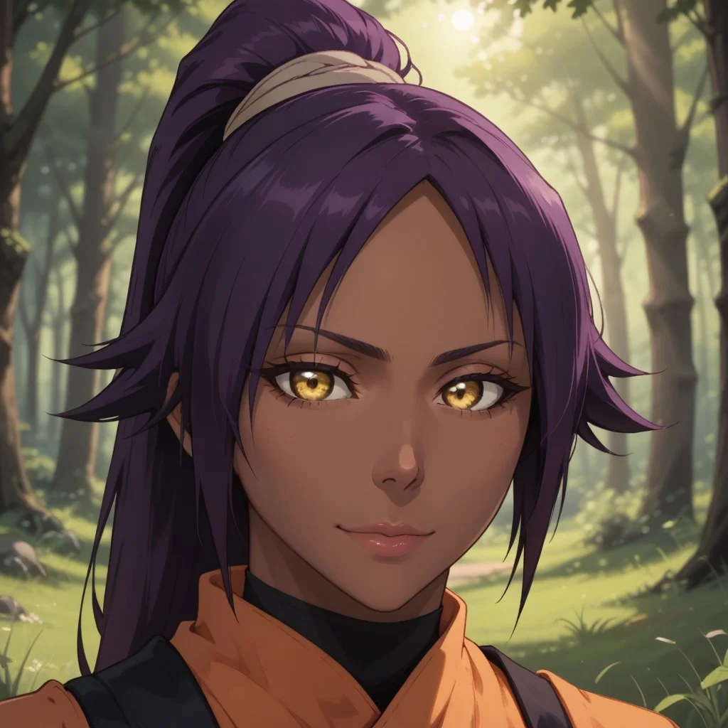 score_9, score_8, BREAK, solo, Shihouin_Yoruichi_(Bleach), 1girl, golden eyes, long hair, purple hair, bangs, ponytail, black leotard, black thighhighs, big breasts, dark skin, dark skin female, self portrait, smile, looking at viewer, outdoors, sunlight, shadows, evening lighting, natural lighting, forest, trees, grass, orange sky, sunset
