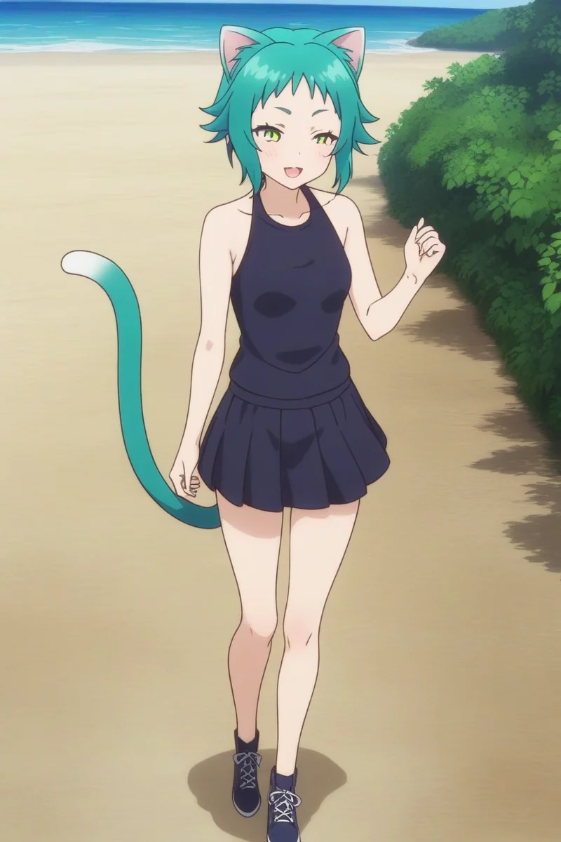 beach, yy-yaya, cat ears, cat tail, medium breasts, 1girl, solo, skinny, masterpiece, absurdres, high quality, highres, best quality, (full body:1.20), (standing), recent, outdoors, happy <lora:yy-yaya-V01:0.70>