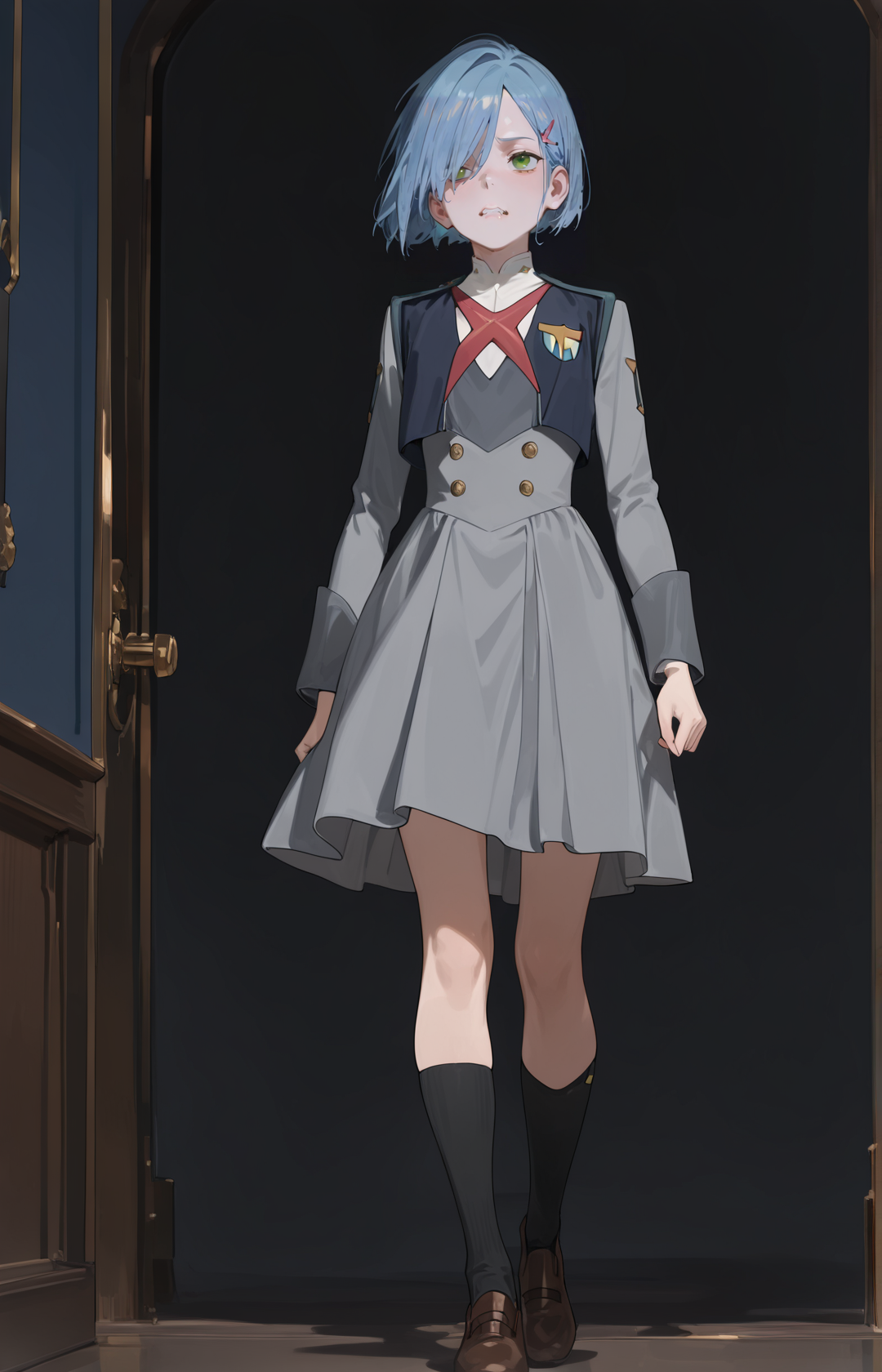 perfect quality,high quality,masterpiece,best quality,amazing quality,very aesthetic,absurdres,Cinematic Lighting,newest,
front view,full_shot,Biting lip,
IchigoCYQL,1girl,solo,blue hair,short hair,green eyes,hairclip,hair ornament,hair over one eye,uniform,military uniform,dress,grey dress,long sleeves,socks,black socks,shoes,brown footwear,
full body,standing,grimace,,
darkblue background,simple background,
<lora:spo_sdxl_10ep_4k-data_lora_webui:0.5>,<lora:illustrious_all_rated_v1:0.6>,<lora:748cmSDXL:0.8>,748cmstyle,<lora:DarkerThanBlackIllustrious:0.5>,<lora:EtherSDXL:0.5>,EtherStyle,,<lora:IchigoCYQL:1>,