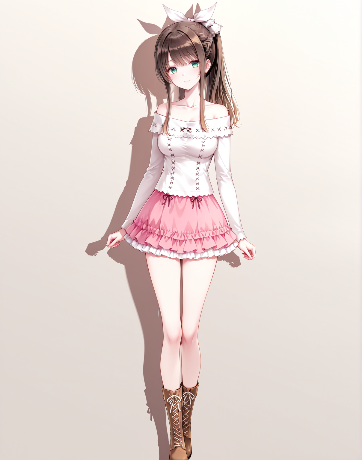 masterpiece,best quality,newest,absurdres,highres,soft shadows,year2024,mutou kurihito,(kimishima ao:0.7),(hiten \(hitenkei\):0.4),(sheya:0.4),
<lora:MisakiXLNAI:1>,ensemble style,misaki(ensemble),1girl,ponytail,white ribbon,brown hair,green eyes,smile,
<lora:misakioffXLNAI:1>,offshirt,off-shoulder shirt,collarbone,microskirt,pink skirt,layered skirt,
full body,cross-laced footwear,large breasts, standing,