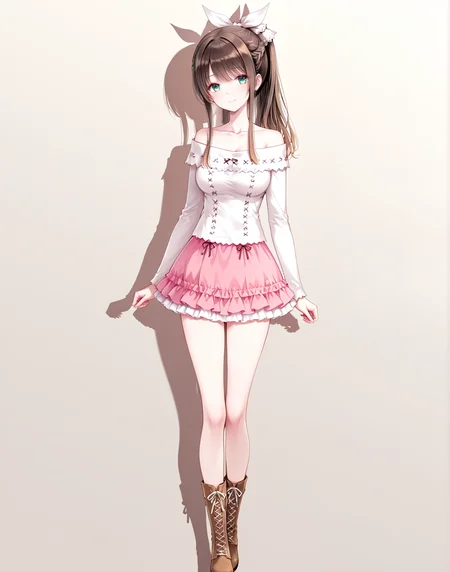 masterpiece,best quality,newest,absurdres,highres,soft shadows,year2024,mutou kurihito,(kimishima ao:0.7),(hiten \(hitenkei\):0.4),(sheya:0.4),
<lora:MisakiXLNAI:1>,ensemble style,misaki(ensemble),1girl,ponytail,white ribbon,brown hair,green eyes,smile,
<lora:misakioffXLNAI:1>,offshirt,off-shoulder shirt,collarbone,microskirt,pink skirt,layered skirt,
full body,cross-laced footwear,large breasts, standing,