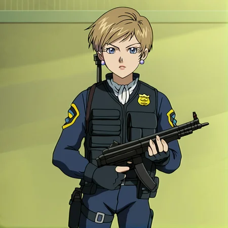score_9, score_8_up, score_7_up, score_6_up, score_5_up, score_4_up, BREAK, <lora:Topazsonicx:1>, topazsonicx, 1girl, solo, looking at viewer, blonde hair, gloves, holding, jewelry, weapon, earrings, fingerless gloves, holding weapon, uniform, vest, gun, holding gun, rifle, retro artstyle, holster, trigger discipline, police, police uniform, policewoman, bulletproof vest, brown hair, short hair, blue eyes, lipstick