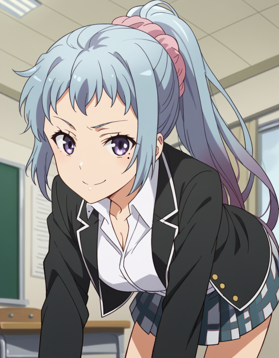 score_9, score_8_up, score_7_up, source_anime,
sakikawasaki, <lora:saki-kawasaki-s2s3-ponyxl-lora-nochekaiser:1>,
saki kawasaki, long hair, hair ornament, blue hair, purple eyes, ponytail, mole, mole under eye, scrunchie, hair scrunchie, pink scrunchie,
skirt, ribbon, school uniform, jacket, black jacket, plaid, plaid skirt, blazer, sobu high school uniform,
indoors, classroom, bent over, smile,
looking at viewer, cowboy shot, solo, dutch angle,