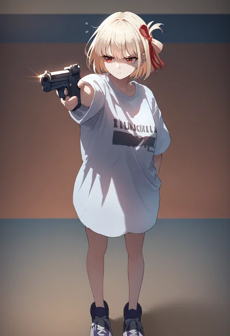 score_9, score_8_up, score_7_up, holding weapon, holding gun, handgun, hand in pocket, aiming, <lora:YusufDikecGunPose_pdxl_Incrs_v1:1>, 1girl, <lora:Hoseki_LycorisRecoil_ChisatoNishikigi_PDXL_v1:1> chstnshkg, red eyes, short hair, hair ribbon, oversized shirt, bottomless, shoes, sleepy,