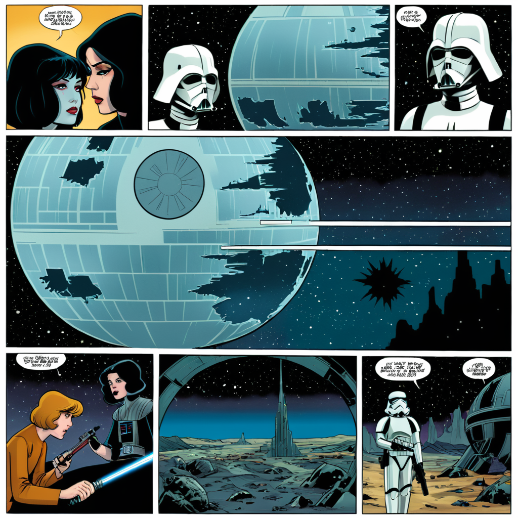 comic book art of  <lora:comicbookpage style:0.8> comicbookpage style
 <lora:xl_more_art-full_v1:0.8>
 <lora:add-detail-xl:1>
 <lora:detailed:0.3>
<lora:perfection style:0.3>
a cartoon comic book page of
 <lora:Death Star II:1>Death Star , comic art, graphic novel illustration