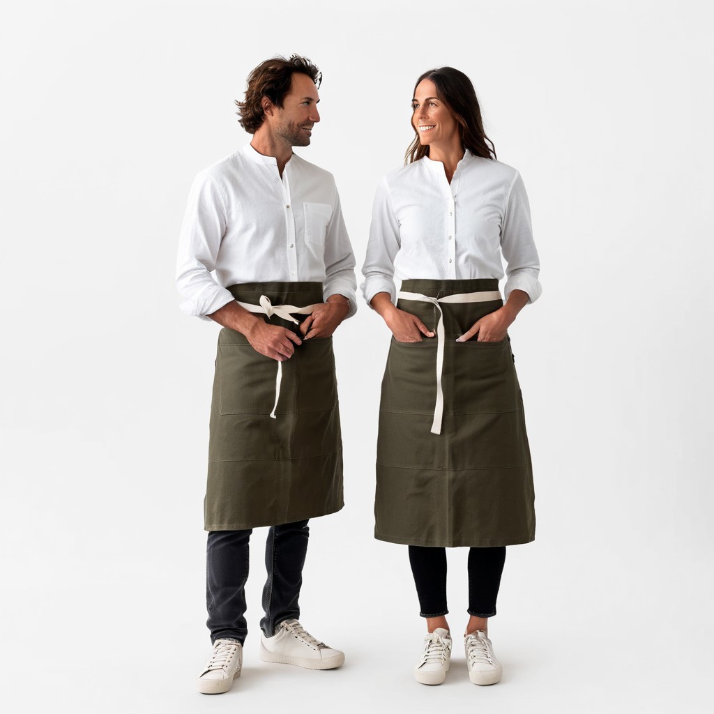 1man and 1woman, 30yo, white shirt, long sleeve buttondown, banded collar, grandad collar, woman with sleeves rolled, stockapron, olive canvas twill waist apron, natural webbing, black jeans, brown sneakers with dark gray midsole, white background, full body, <lora:juggernaut_cinematic:1.00>,  <lora:more_art:0.40><lora:midjourney:0.15>