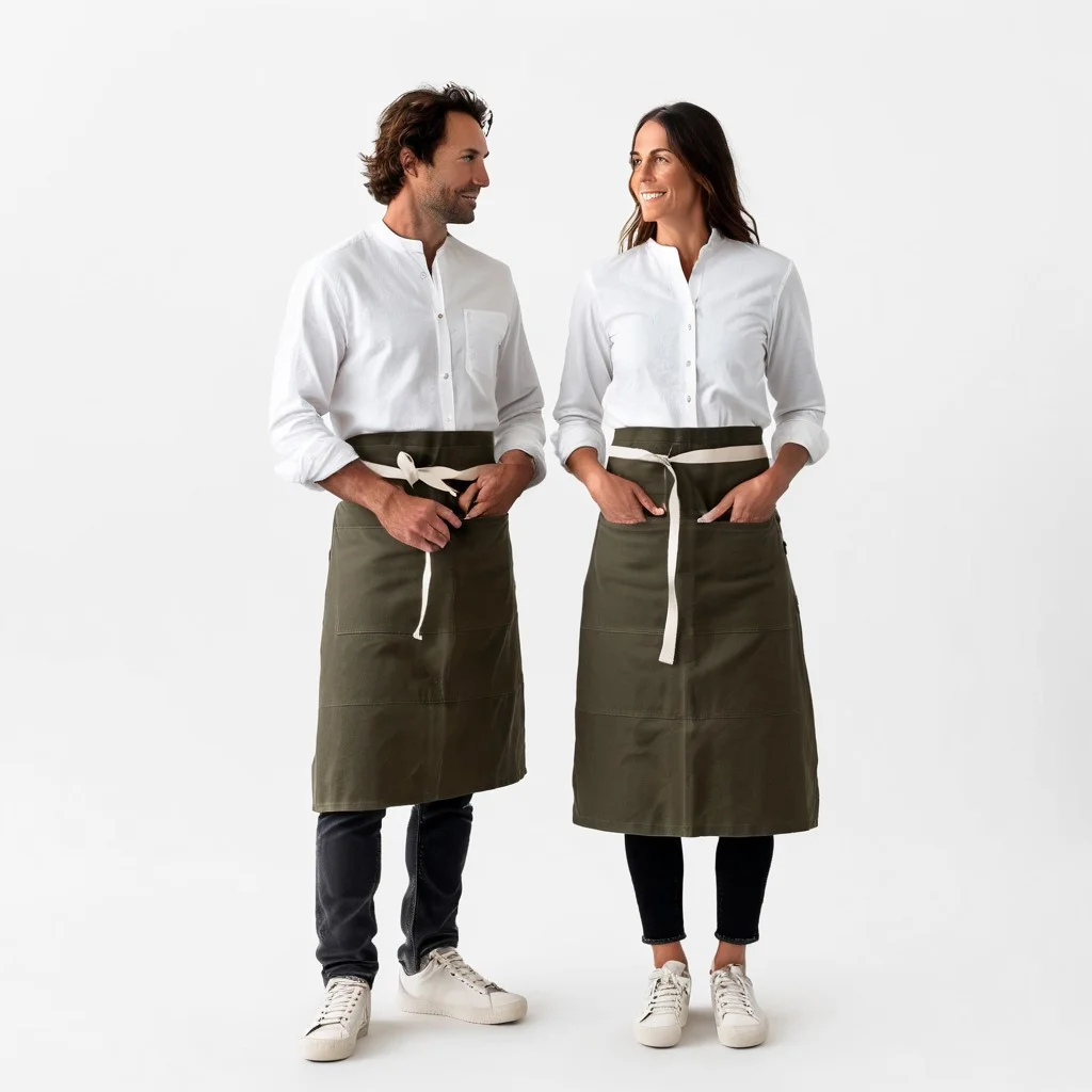 1man and 1woman, 30yo, white shirt, long sleeve buttondown, banded collar, grandad collar, woman with sleeves rolled, stockapron, olive canvas twill waist apron, natural webbing, black jeans, brown sneakers with dark gray midsole, white background, full body, <lora:juggernaut_cinematic:1.00>, <lora:more_art:0.40><lora:midjourney:0.15>