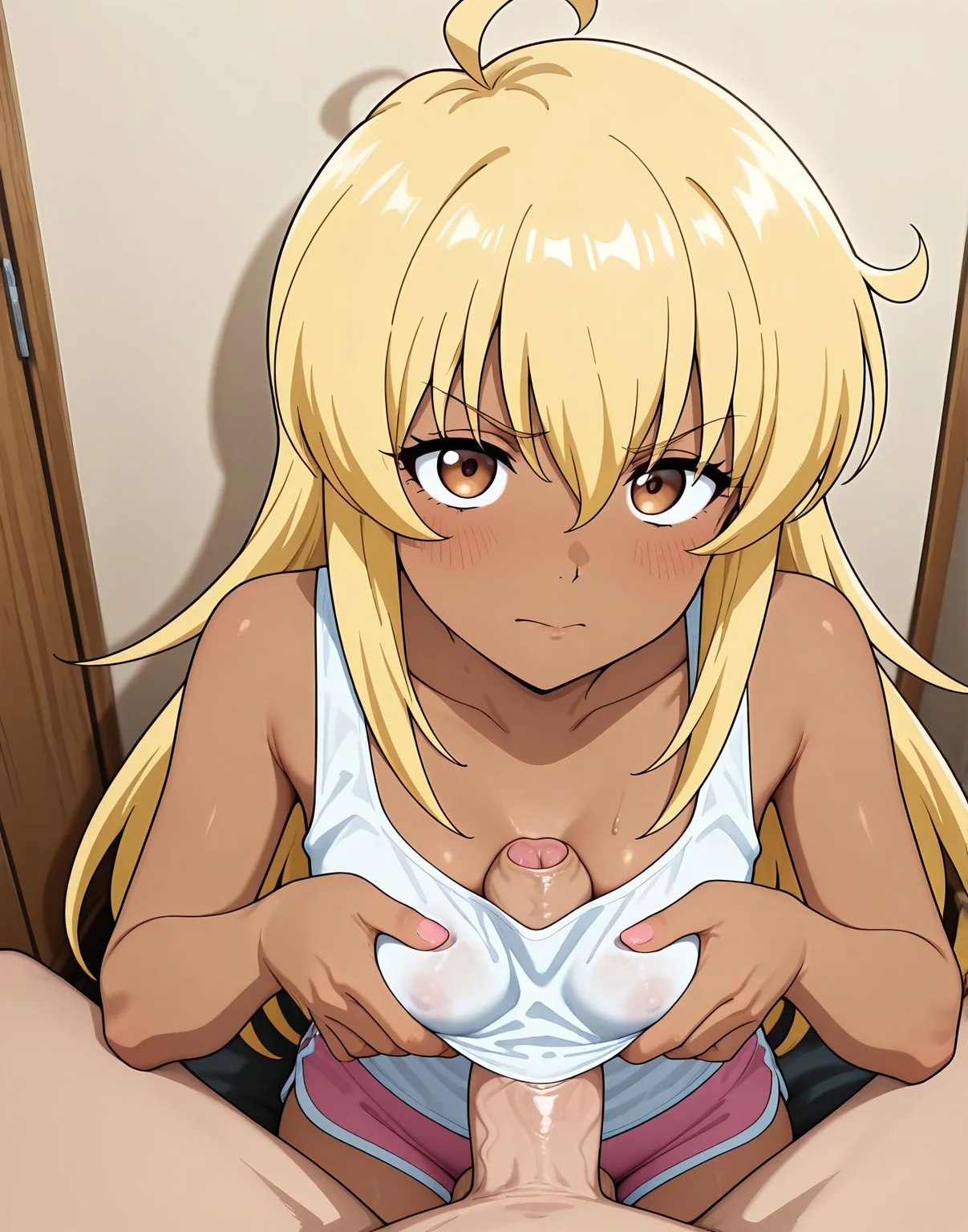 masterpiece,best quality,amazing quality,very aesthetic,absurdres,newest, huge filesize,
<lora:spo_sdxl_10ep_4k-data_lora_webui:0.5>,
<lora:add-detail-xl:1>anime coloring,
((((paizuri, clothed paizuri)))), 1boy, male pov, pov, penis, erection, clothed female nude male, fore_1ns, foreskin, perfect hands, five fingers on each hand, two fingers together, foreskin play, foreskin insertion, girl is giving handjob to the boy, girl is giving handjob, phimosis, foreskin pull <lora:forehand_illustr2:0.59> paizuri,
BREAK
<lora:tohai_V1:0.8> tohai,
1girl,
blonde hair,
shorts,long hair,
pink shorts,ahoge,
short shorts,
brown eyes,flat chest,
white shirt,Short girl,
dark skin, adult female,cute,
sleeveless,t_amina,