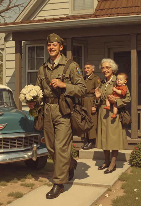In a 1950s setting, a man in a military uniform returns home from war, holding a bouquet of flowers. He has a relieved and happy expression on his face. An old car is parked on the driveway, a symbol of the era. An old couple stands on the porch of a cozy, nostalgic house, eagerly waiting for him. The woman is holding two babies, their faces full of joy and anticipation. The scene is colored in warm, sepia tones, giving it a nostalgic, timeless feel.