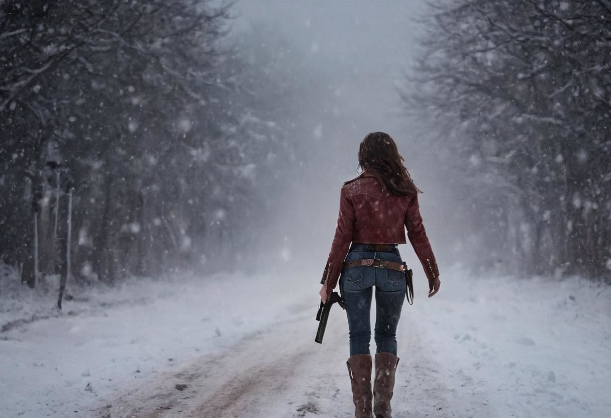 Rear View, From behind, Fargo Cover Style, snowfall, blood in snow, blood at clothes, straight Road to nowhere, foggy snow Blizzard at night, blood trail in snow, Western sexy female Cowboy, DARK Hair, Freckles, night, light from behind, unwashed, dirty, carrying gun, gun holder, very detailed, uhd, high quality