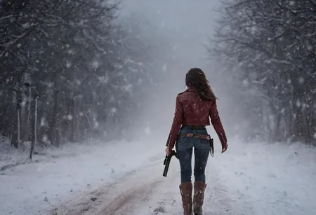 Rear View, From behind, Fargo Cover Style, snowfall, blood in snow, blood at clothes, straight Road to nowhere, foggy snow Blizzard at night, blood trail in snow, Western sexy female Cowboy, DARK Hair, Freckles, night, light from behind, unwashed, dirty, carrying gun, gun holder, very detailed, uhd, high quality