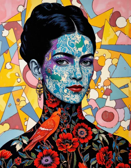 Art by Caroline Smith. A portrait of frida kahlo, a woman with a striking blue and purple face paint and black hair, depicted in a portrait style with intricate floral patterns. she is positioned in the center of the image, facing the viewer with her black hair styled in an updo, and her blue eyes are looking directly at the viewer. her face is adorned with intricate, floral patterns in shades of blue, green, and white, and she has a serene expression with parted lips and a hint of a smile. her body is slim and she is wearing a black dress with red floral patterns and a red bird perched on her neck. the background is a colorful, abstract pattern of triangles and circles in various shades of yellow, pink, and blue, creating a vibrant and eye-catching backdrop.