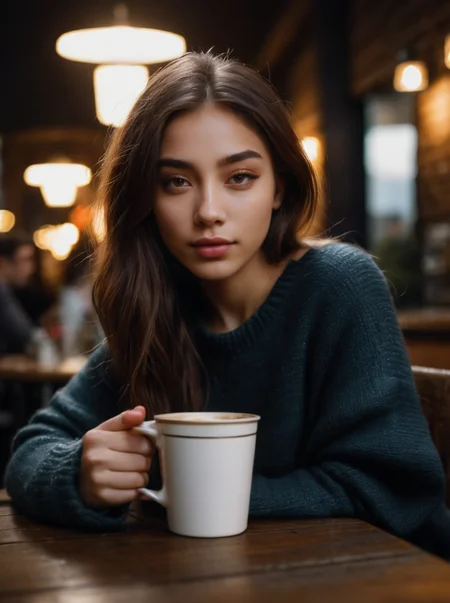 A portrait photograph of Amanda_Larsson_P_MXAI_SDXL , wearing a cozy sweater, sitting in a cafe, holding a cup of steaming tea, flirty expression,, (((Ultra-HD-details, Ultra-HD-detailed, Ultra-HD-realistic, Ultra-HD-photo-same-realistic-quality-details))), SK_CINEMATIC, ziprealism