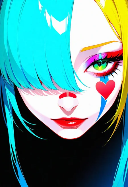 masterpiece, best quality, good quality, very awa, very aesthetic, absurdres, newest, animification, 1girl, solo, two-toned hair, blonde hair, aqua hair, hair over one eye, long twintails, looking_at_viewer, closed_mouth, green_eyes, heart, eyelashes, lips, makeup, facial_mark, portrait, lipstick, pale_skin, close-up, eyeshadow, red_lips, facepaint, mascara, clown, red_nose, Head down, <lora:ponyv6_noobV1_2_adamW-000017:0.7> <lora:USNR_STYLE_XL_lokr:0.45> <lora:EtherSDXL:0.15>