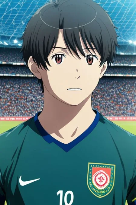 high resolution, solo, best quality, 1Boy, Portrait, Inaho Kaizuka, Black Hair, Soccer , soccer player, field, portrait, sport photography, celebration,