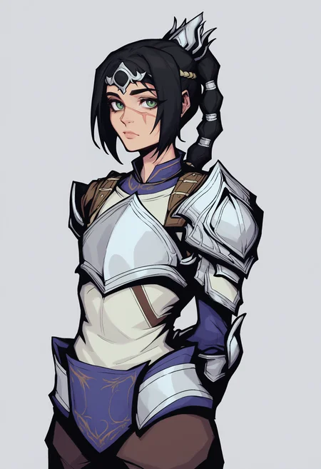 score_9, score_8_up, score_7_up, black outline, BREAK,
1girl, solo, shadowheart, black hair, braided ponytail, green eyes, scar on face, circlet,
looking at viewer, armor, pants, arms behind back, standing, looking at viewer, white background <lora:ShadowHeartXL:0.8> <lora:TwewyXL_byKonan:1>