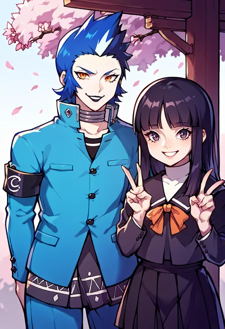 score_9, score_8_up, score_7_up, source_anime, 1boy, 1girl, looking at viewer, outdoors, cherry blossoms, standing, BREAK 1boy, <lora:Eikichi-pdxl_Fp:1>, eikichi, short hair, orange eyes, blue hair, white hair, multicolored hair, pale skin, black lips, choker, school uniform, blue jacket, black shirt, blue pants, armband, smile, male focus, BREAK <lora:zs_MiyabiXL:1>, miyabip2, black hair, long hair, blunt bangs, black school uniform, turtleneck, ribbon, black skirt, smile, v