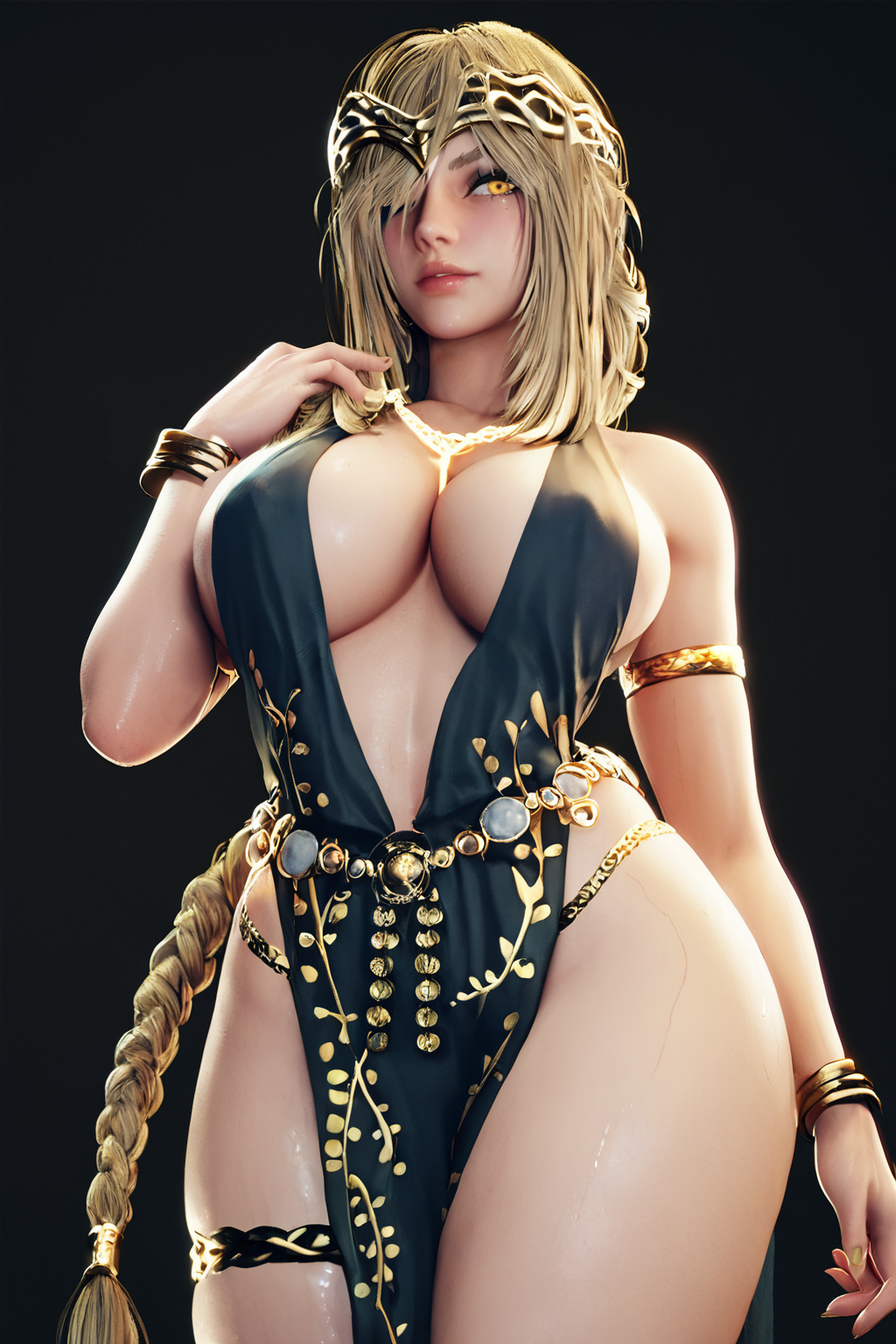 score_9,score_8_up,score_7_up,
<lora:Marika_Pony:1>,
Marika,Elden Ring,1girl,breasts,blonde hair,jewelry,solo,long hair,large breasts,braid,bracelet,dress,circlet,bare shoulders,very long hair,sideboob,single braid,simple background,belt,cleavage,chain,thighlet,black dress,pelvic curtain,plunging neckline,necklace,armlet,revealing clothes,thighs,golden eye,(simple background:1.3),(black background:1.4),