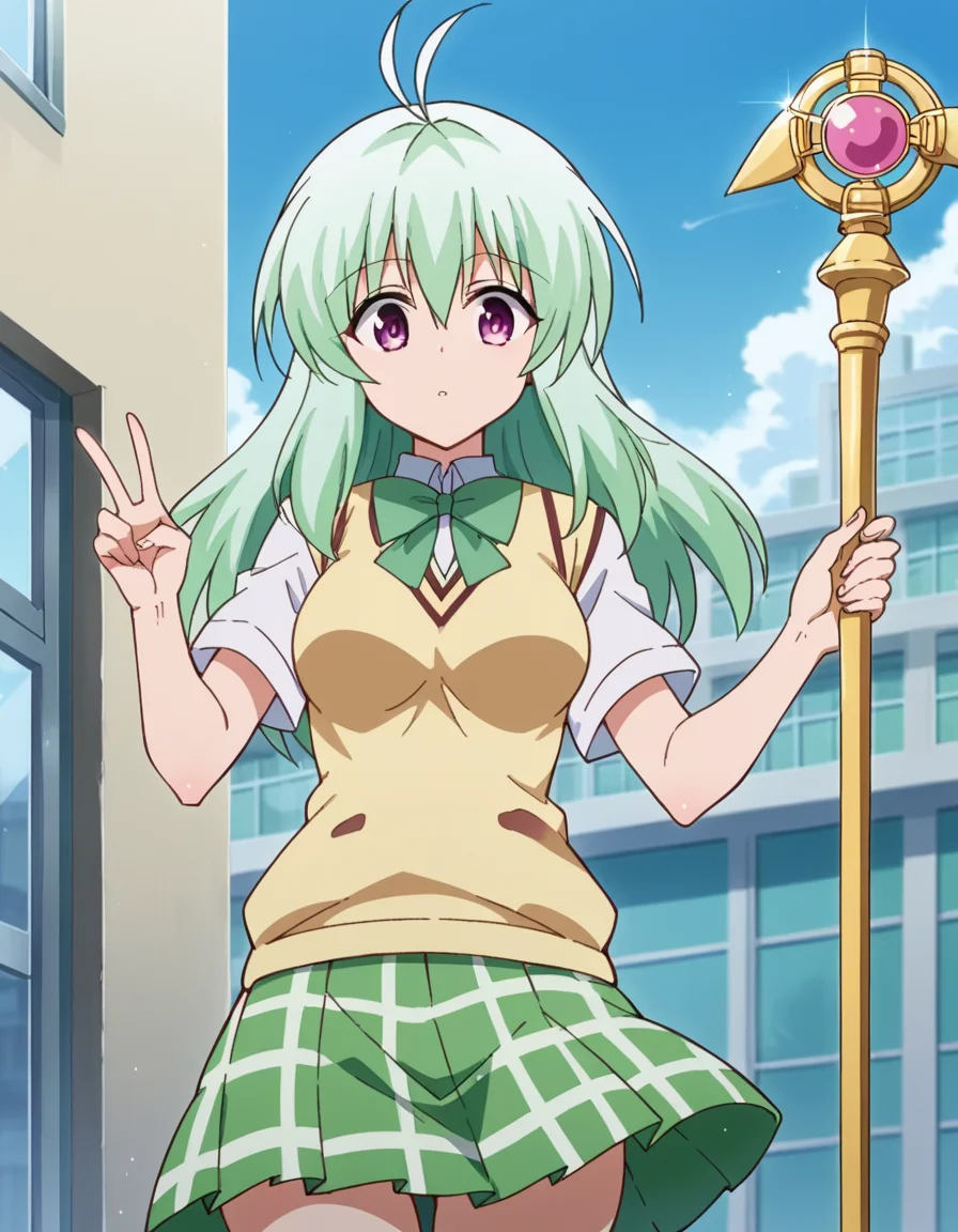 score_9, score_8_up, score_7_up, source_anime, <lora:run-elsie-jewelria-darkness-ponyxl-lora-nochekaiser:1>, run elsie jewelria, long hair, purple eyes, green hair, antenna hair, ahoge, hair between eyes, medium breasts, green skirt, plaid, plaid skirt, sainan high school uniform, school uniform, skirt, sweater vest, thighhighs, yellow sweater, short sleeves, bow, green bow,, control tower, high, air traffic, windows, staff, , v,, looking at viewer, solo,, dutch angle, cowboy shot