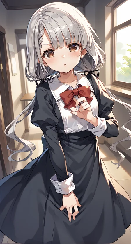 score_9,score_8_up,score_7_up,
official art,official style,game cg,megami magazine,
uncensored,
1girl,
hskwng school,hisakawa nagi,
asymmetrical bangs,bow,bowtie,braid,braided bangs,grey hair,hair ribbon,
juliet sleeves,long hair,long sleeves,puffy sleeves,red bow,red bowtie,ribbon,
twintails,black ribbon,blush,(brown eyes:0.8),collared shirt,
dress shirt,low twintails,shirt,skirt,white shirt,
black jacket,black skirt,black dress,
dress,
eyebrows visible through hair,
standing,
<lora:idolmaster_hisakawa_nagi_pony_v1.1:1>,