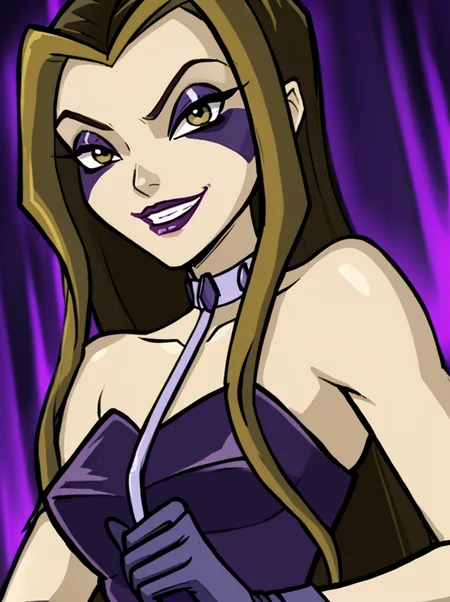 score_9, score_8_up, score_7_up,
<lora:WinxAndTrixPony:0.8>,winxtrix,
,darcy,, 1girl, solo, long hair, gloves, makeup, lipstick, smile, bare shoulders, brown hair, parody
