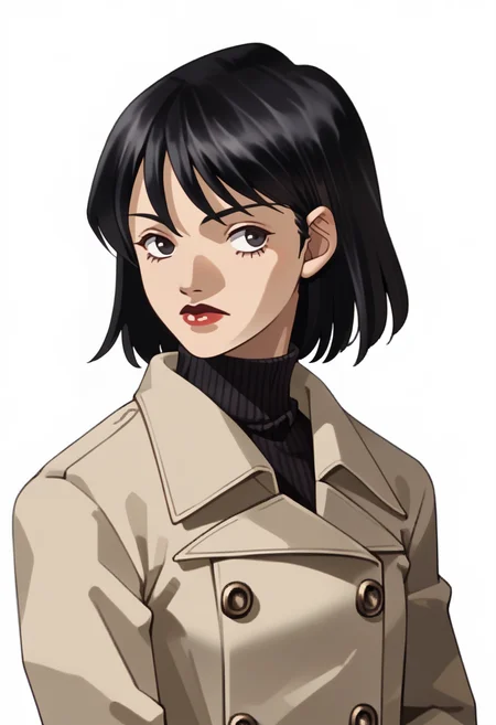score_9, score_8_up, score_7_up, source_anime, 1girl, solo, pensive
<lora:zs_SoulHackersPortraitsXL:1> soulhackersportraits, portrait, white background,
<lora:zs_TakaoXL:1> takaosmtiii, black hair, medium hair, beige coat, turtleneck, black pants,  lipstick