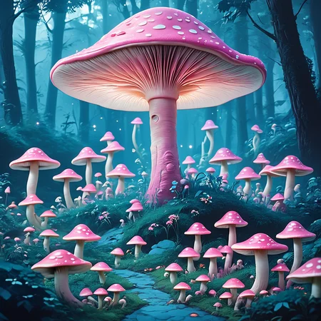 Score_9, score_8_up, score_7_up, score_6_up, BREAK <lora:60sPsychedelicMovie2Pony:1> ArsMovieStill, movie still from a 60s psychedelic movie, The image is a digital illustration of a group of pink mushrooms in a forest. The mushrooms are arranged in a cluster with the largest mushroom in the center and smaller ones scattered around it. The background is filled with trees and shrubs and the sky is a deep blue with small white dots scattered throughout. The overall mood of the image is peaceful and serene with a sense of mystery and wonder. The colors are soft and dreamy giving the impression of a magical and ethereal atmosphere., mushroom, nature, no humans, scenery, forest, tree, outdoors, light particles, grass, fireflies