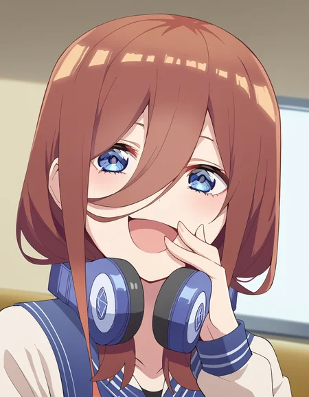 score_9, score_8_up, score_7_up, source_anime, mikunakano, <lora:miku-nakano-s2-ponyxl-lora-nochekaiser:1>, miku nakano, long hair, bangs, blue eyes, brown hair, hair between eyes, headphones, headphones around neck,, <lora:ojou-sama-pose-ponyxl-lora-nochekaiser:1>, ojou-sama pose, laughing, smug, hand to own mouth, open mouth,, indoors, smile,, cowboy shot, dutch angle, looking at viewer,