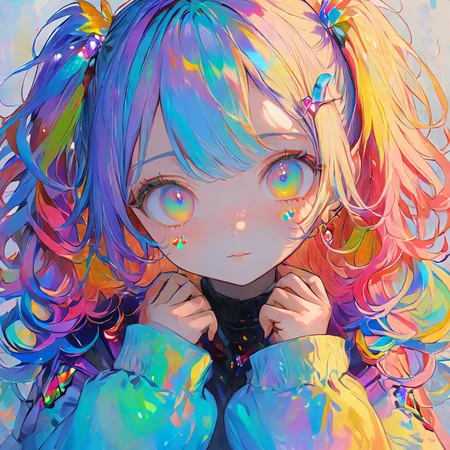 girl, <lora:NijiColorful:1>, ArtStyle: (vague oil painting by Monet:1.4) - Texture: painted by colorful oil wax and shining materials - Color Palette: Colorful Pastel tones with an emphasis to colorful color to convey transparency and gentleness SceneDescription: - Subject: A close-up portrait painting of an fantasy angel , (dinamic pose raising hands high :1.4) - Hair: pink twin tail partially painted with colorful color wax, possibly with wispy strands highlighted by the heavenly sunlight, adding to the sense of translucence - Eyes: ultra-detailed jewel-like eyes shining with bright lights, slanted eyes - Hands: finger sign with cheerful expression, perfect 4 long fingers and perfect thumb with perfect anatomy - Costume: fluffy casual costume, slight mini skirt - Background: full of heart marks - Lighting: Soft, diffused light illuminating the subject's face, highlighting the transparency and purity of their expression Mood: sexy and heartful with goddess love