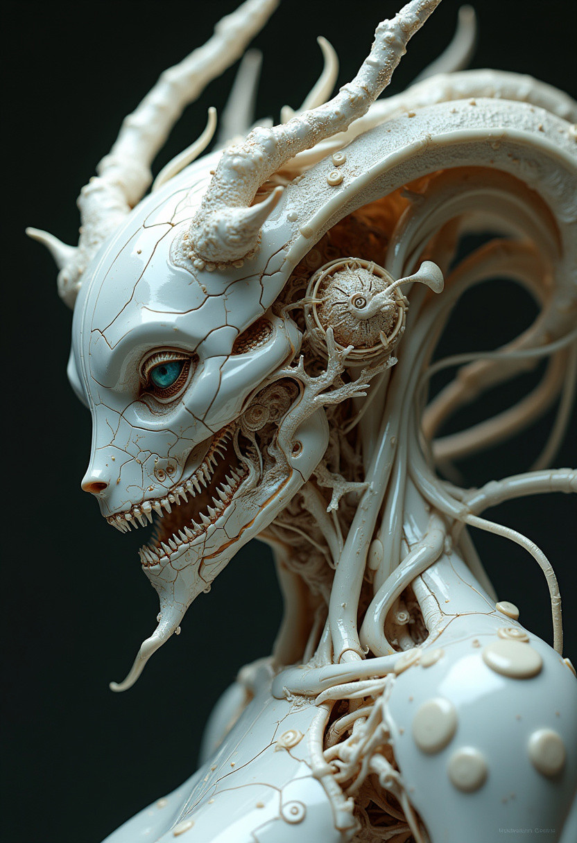 The image is a close-up of a surreal cyborg. The cyborg looks like a delicate open work  exoskeleton with complex mechanism. It has tail and horns. Mixture of organic muscules and porcelain. The cyborg is covered in intricate patterns and designs. smooth porcelain surface. The cyborg insides is highly detailed, with realistic features and textures. The background is dark. dramatic lighting, HDR, masterpiece, trending on artstation, smooth, sharp,