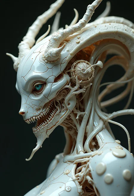 The image is a close-up of a surreal cyborg. The cyborg looks like a delicate open work exoskeleton with complex mechanism. It has tail and horns. Mixture of organic muscules and porcelain. The cyborg is covered in intricate patterns and designs. smooth porcelain surface. The cyborg insides is highly detailed, with realistic features and textures. The background is dark. dramatic lighting, HDR, masterpiece, trending on artstation, smooth, sharp,