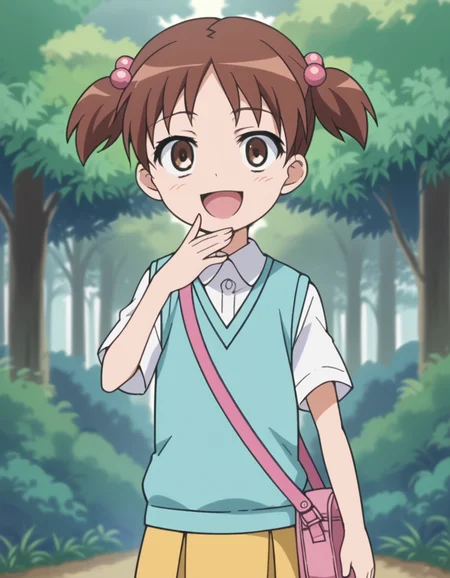 score_9, score_8_up, score_7_up, source_anime, <lora:kana-hazamaya-s1-ponyxl-lora-nochekaiser:1>, kana hazamaya, short hair, brown hair, hair ornament, twintails, brown eyes, hair bobbles, short twintails, child, anime screencap,, skirt, school uniform, sweater vest, blue sweater vest,, forest, trees, foliage, wildlife, greenery, smile, <lora:ojou-sama-pose-ponyxl-lora-nochekaiser:1>, ojou-sama pose, laughing, smug, hand to own mouth, open mouth,, looking at viewer, solo,, dutch angle, cowboy shot