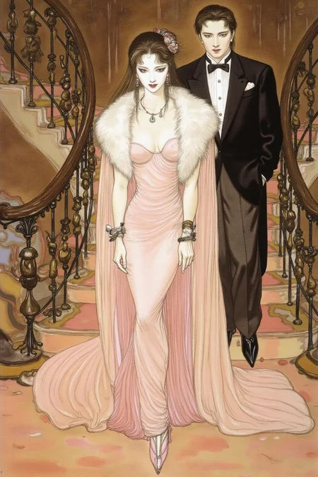 amayo illustration.
A sophisticated woman and man in an opulent, ornate setting, standing on a staircase. The woman, positioned in the foreground, is dressed in a luxurious, form-fitting, light pink gown with a flowing, satin-like texture. She wears a white fur stole draped elegantly over her shoulders, which catches the light, giving it a soft, luminous quality. <lora:amayo1_cap_d6a3e11:1.0><lora:827338386575664203:0>