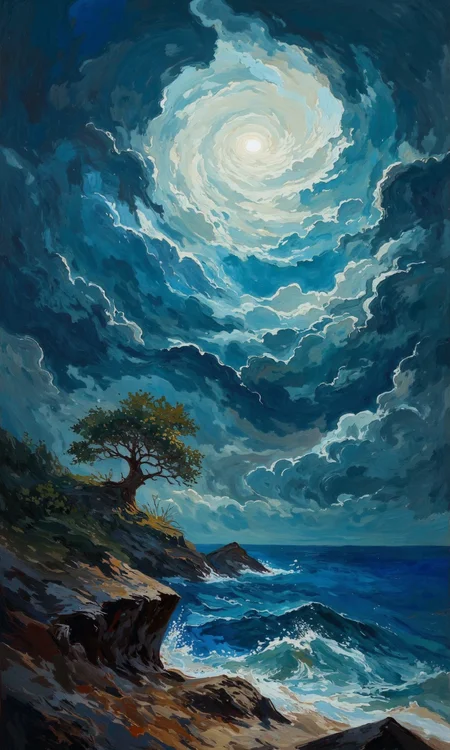 A dramatic seascape painting or digital illustration.
The sky is a swirling mix of deep blues and grays, thick, textured clouds that create a sense of depth and vastness. A luminous, almost ethereal, light source is present within the clouds, perhaps a moon or sun, creating a glowing vortex effect. The clouds seem to be dense and dramatic.
A solitary, gnarled tree stands on a rocky shoreline. The branches of the tree reach out dramatically, almost like a reaching, skeletal figure against the sky.
The foreground shows choppy, turbulent water that appears to be crashing against the rocky shore. The rocks are dark gray and brown, rough textured, and the water is a similar muted tone.
The overall color palette is muted and evocative, with deep blues, grays, and hints of pale light creating a sense of mystery and a dark romantic or even fantastical atmosphere. The scene is both serene and wild., <lora:FLUX-daubrez-DB4RZ-v2:1> DB4RZ, DB4RZ style painting, <lora:Test_OS:0.8>