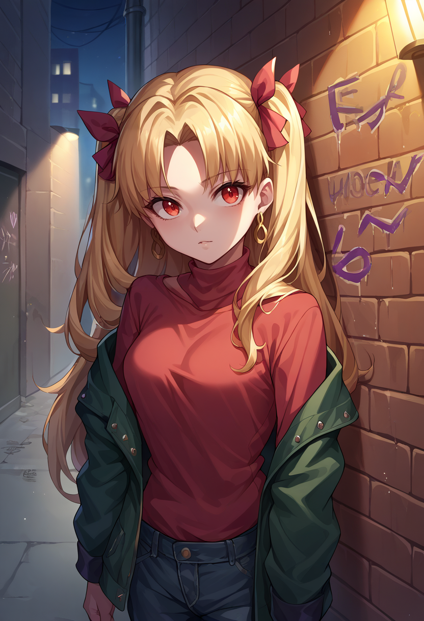 score_9, score_8_up, source_anime, Ereshkigal, two side up, hair ribbon, earrings, sharp eyes, choker, neon shirt, open jacket, turtleneck sweater, night, against wall, brick wall, graffiti, dim lighting, alley, looking at viewer, <lora:CHAR-EreshkigalPonyXL:1>