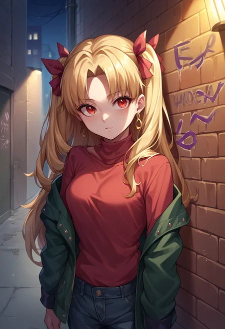 score_9, score_8_up, source_anime, Ereshkigal, two side up, hair ribbon, earrings, sharp eyes, choker, neon shirt, open jacket, turtleneck sweater, night, against wall, brick wall, graffiti, dim lighting, alley, looking at viewer, <lora:CHAR-EreshkigalPonyXL:1>